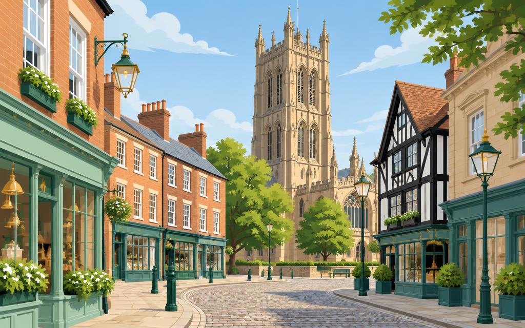 Artist's impression of Derby Cathedral's tower above the Cathedral Quarter streets and the River Derwent