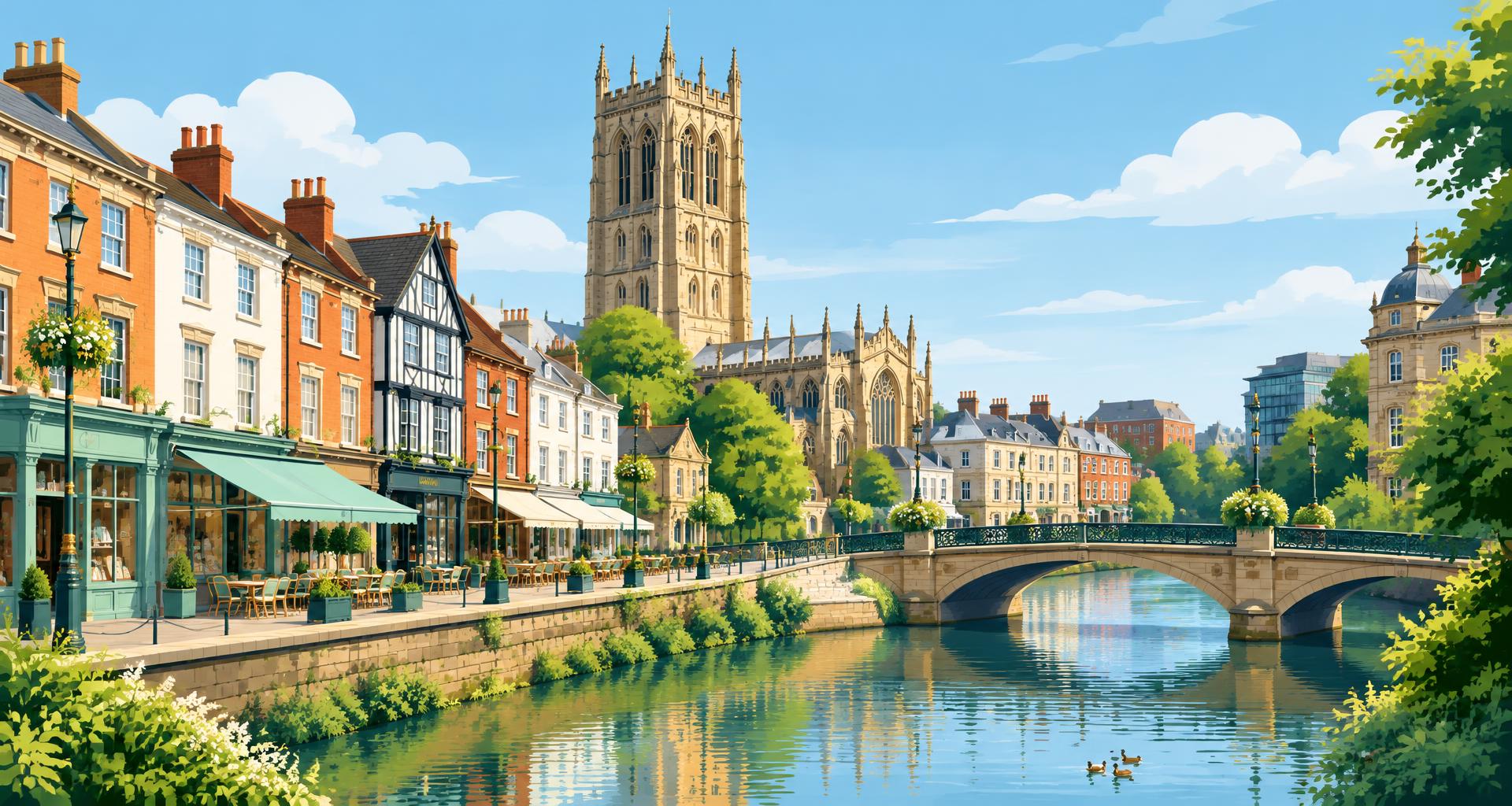 Artist's impression of Derby's Cathedral Quarter with the cathedral tower, independent shopfronts and the River Derwent